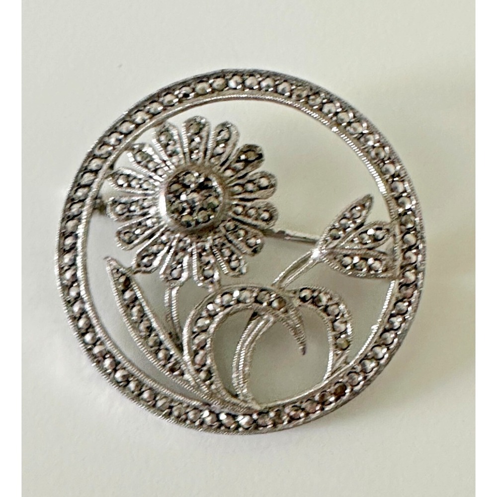 Sterling Silver Brooch Daisy Flower Marcasite Cut Out Pin Round Signed